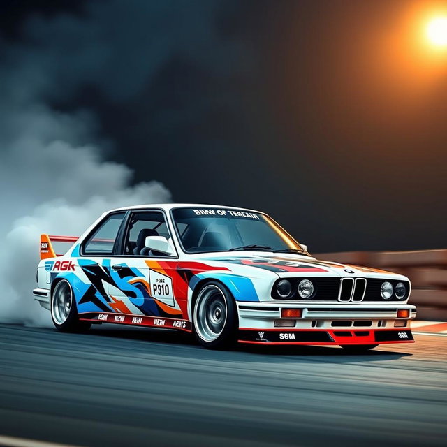A stunning BMW E30 car designed for drifting, showcasing its sleek racing modifications