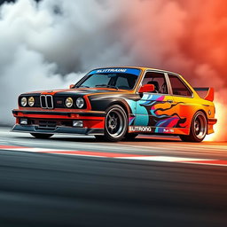 A stunning BMW E30 car designed for drifting, showcasing its sleek racing modifications