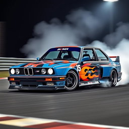 A stunning BMW E30 car designed for drifting, showcasing its sleek racing modifications