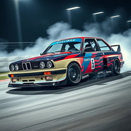A stunning BMW E30 car designed for drifting, showcasing its sleek racing modifications