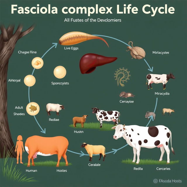 An educational illustration of the Fasciola complex life cycle, showcasing all stages of development