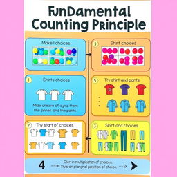 An engaging and colorful infographic illustrating the Fundamental Counting Principle in mathematics