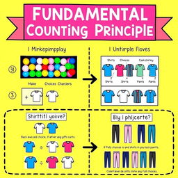 An engaging and colorful infographic illustrating the Fundamental Counting Principle in mathematics