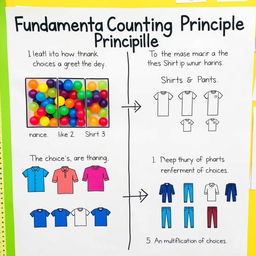 An engaging and colorful infographic illustrating the Fundamental Counting Principle in mathematics