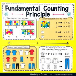 An engaging and colorful infographic illustrating the Fundamental Counting Principle in mathematics