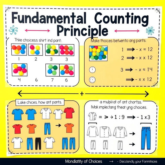 An engaging and colorful infographic illustrating the Fundamental Counting Principle in mathematics