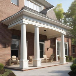 A 12x12 patio with round columns supporting an extended roof that protrudes 3 feet in front of the facade of a house.