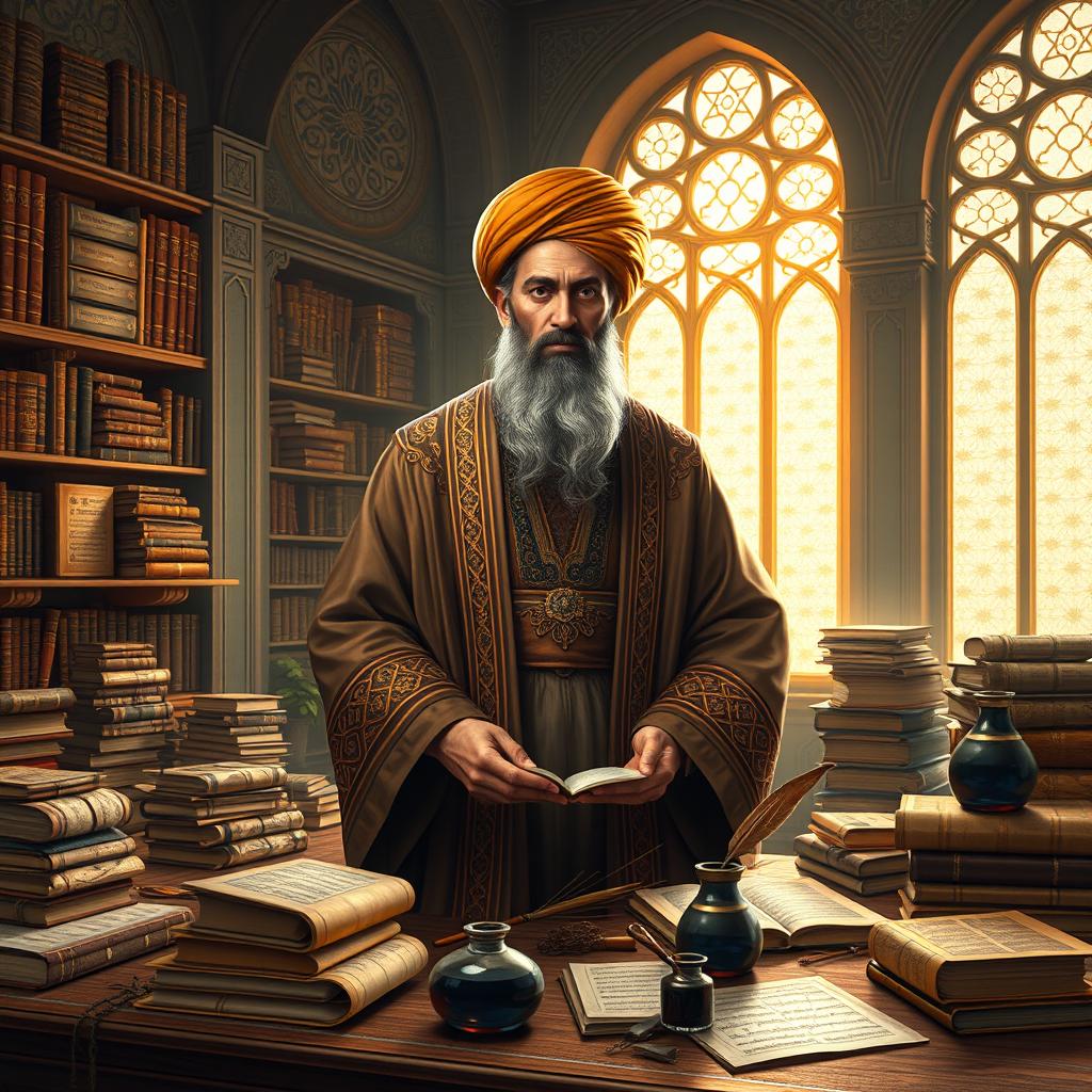 An artistic depiction of Muhammad ibn Musafir, a legendary historical figure from the 9th century, envisioned as a wise sage surrounded by various ancient manuscripts and scrolls