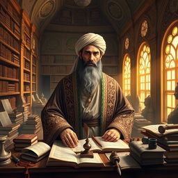 An artistic depiction of Muhammad ibn Musafir, a legendary historical figure from the 9th century, envisioned as a wise sage surrounded by various ancient manuscripts and scrolls