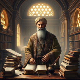 An artistic depiction of Muhammad ibn Musafir, a legendary historical figure from the 9th century, envisioned as a wise sage surrounded by various ancient manuscripts and scrolls