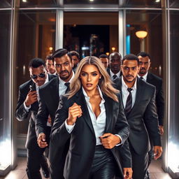 A powerful and dynamic scene featuring a group of elite bodyguards in action