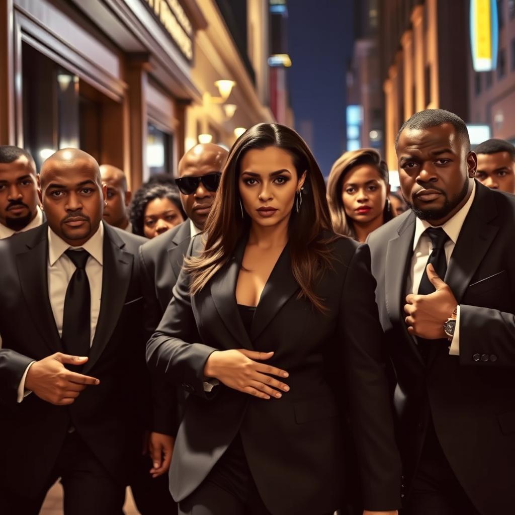 A powerful and dynamic scene featuring a group of elite bodyguards in action