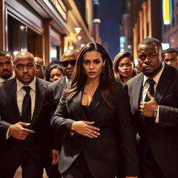 A powerful and dynamic scene featuring a group of elite bodyguards in action