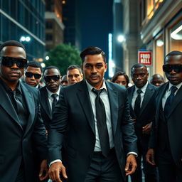 A powerful and dynamic scene featuring a group of elite bodyguards in action