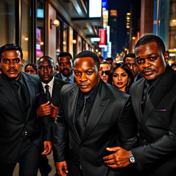 A powerful and dynamic scene featuring a group of elite bodyguards in action