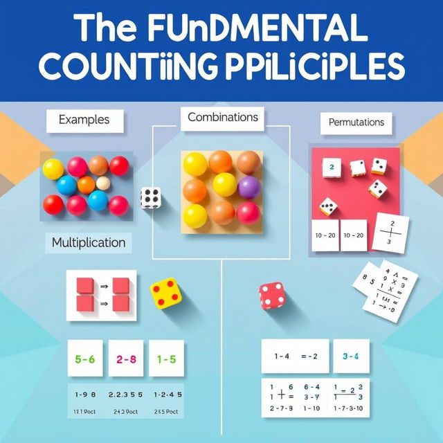 An artistic representation of the fundamental counting principles in mathematics, visualized through a colorful and engaging infographic