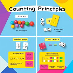 An artistic representation of the fundamental counting principles in mathematics, visualized through a colorful and engaging infographic