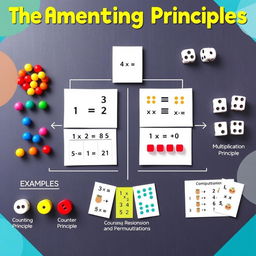 An artistic representation of the fundamental counting principles in mathematics, visualized through a colorful and engaging infographic