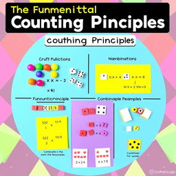 An artistic representation of the fundamental counting principles in mathematics, visualized through a colorful and engaging infographic