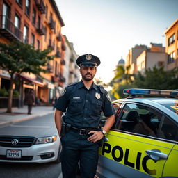 A scenic urban street scene at dawn, showing a police officer standing confidently next to a patrol car, ensuring safety in the neighborhood
