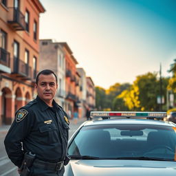 A scenic urban street scene at dawn, showing a police officer standing confidently next to a patrol car, ensuring safety in the neighborhood