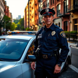 A scenic urban street scene at dawn, showing a police officer standing confidently next to a patrol car, ensuring safety in the neighborhood
