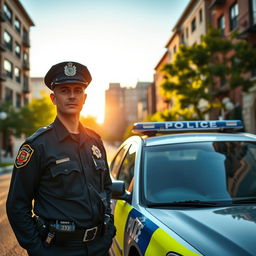 A scenic urban street scene at dawn, showing a police officer standing confidently next to a patrol car, ensuring safety in the neighborhood
