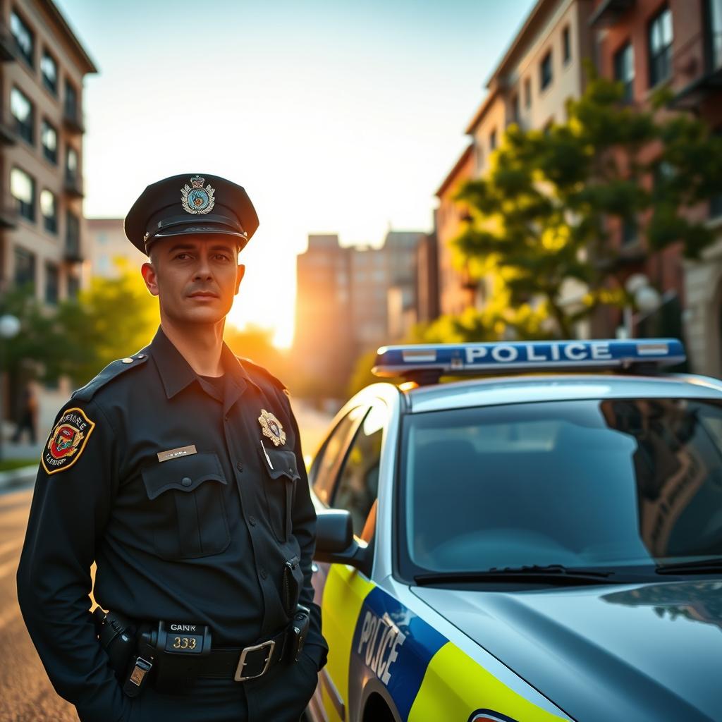 A scenic urban street scene at dawn, showing a police officer standing confidently next to a patrol car, ensuring safety in the neighborhood