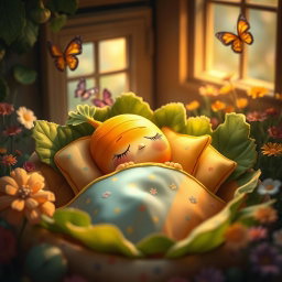 A cute, whimsical scene featuring a sleeping carrot nestled in a cozy bed made of green leafy vegetables