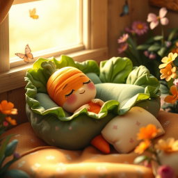 A cute, whimsical scene featuring a sleeping carrot nestled in a cozy bed made of green leafy vegetables