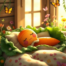 A cute, whimsical scene featuring a sleeping carrot nestled in a cozy bed made of green leafy vegetables