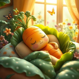 A cute, whimsical scene featuring a sleeping carrot nestled in a cozy bed made of green leafy vegetables