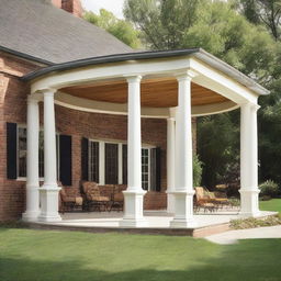 A 12x12 patio with round columns supporting an extended roof that protrudes 3 feet in front of the facade of a house.