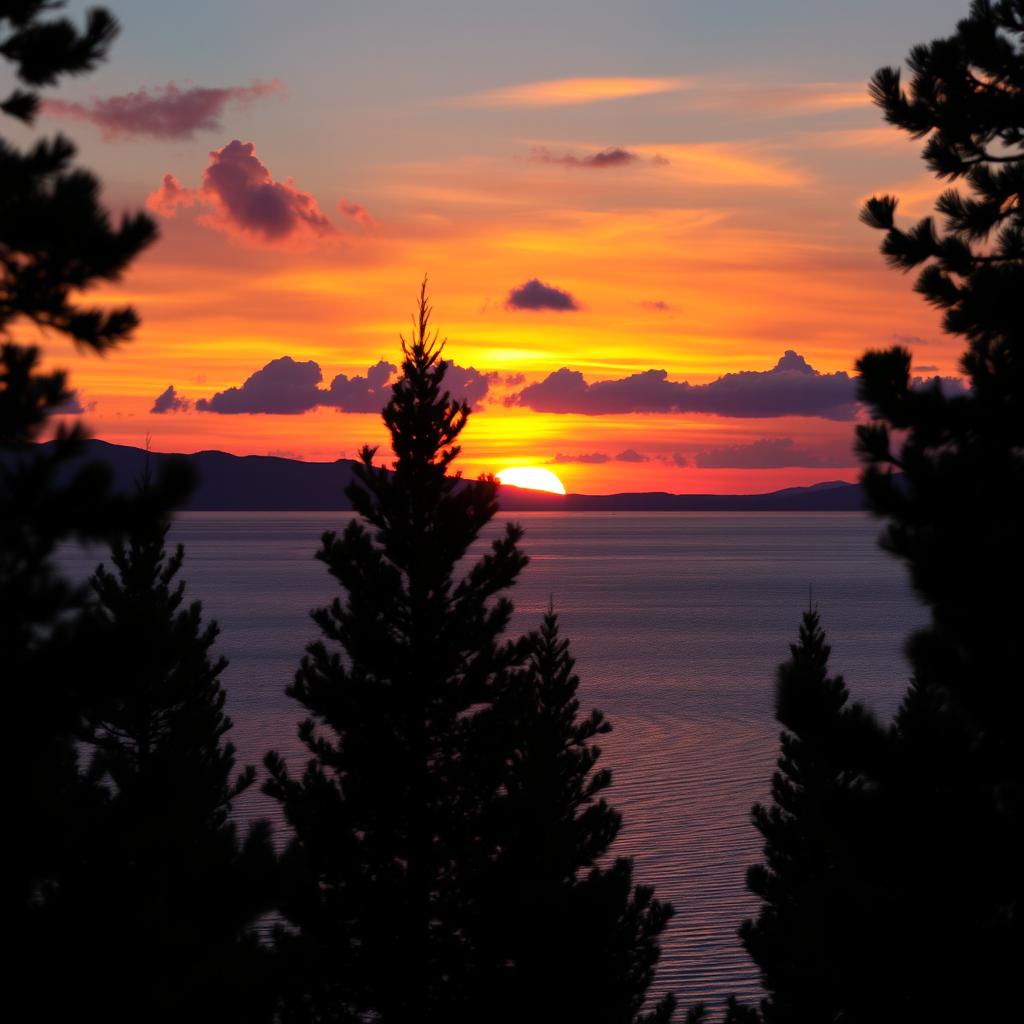 An image of a stunning sunset over a tranquil lake, with vibrant colors reflecting off the water