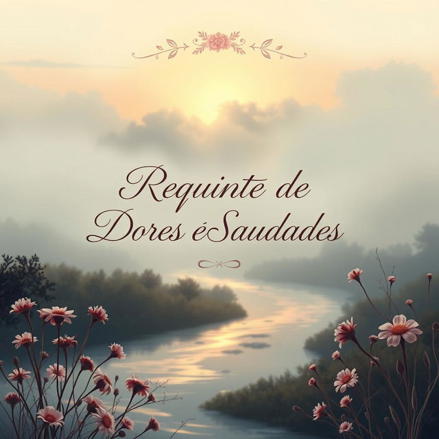 A stunning book cover design titled 'Requinte de Dores e Saudades', featuring a beautifully illustrated background of a serene, misty landscape at dawn
