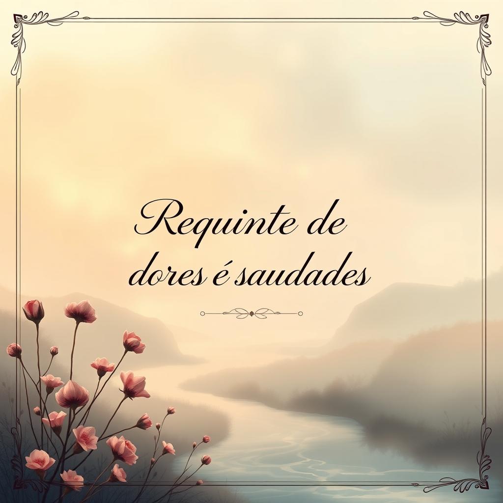 A stunning book cover design titled 'Requinte de Dores e Saudades', featuring a beautifully illustrated background of a serene, misty landscape at dawn