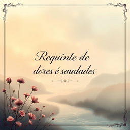 A stunning book cover design titled 'Requinte de Dores e Saudades', featuring a beautifully illustrated background of a serene, misty landscape at dawn