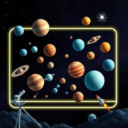 A vivid and imaginative scene featuring a 2D rectangle from which various planets, stars, and other science-related elements emerge