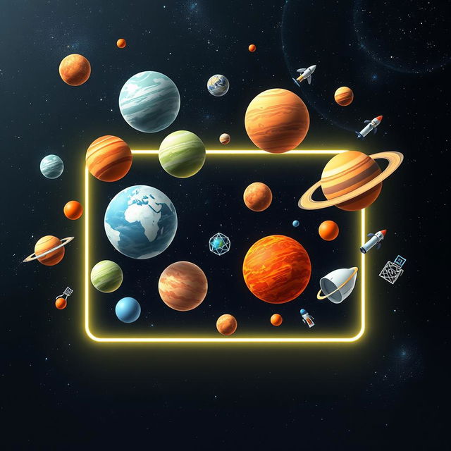 A vivid and imaginative scene featuring a 2D rectangle from which various planets, stars, and other science-related elements emerge