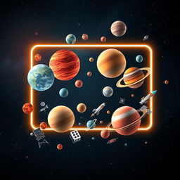 A vivid and imaginative scene featuring a 2D rectangle from which various planets, stars, and other science-related elements emerge
