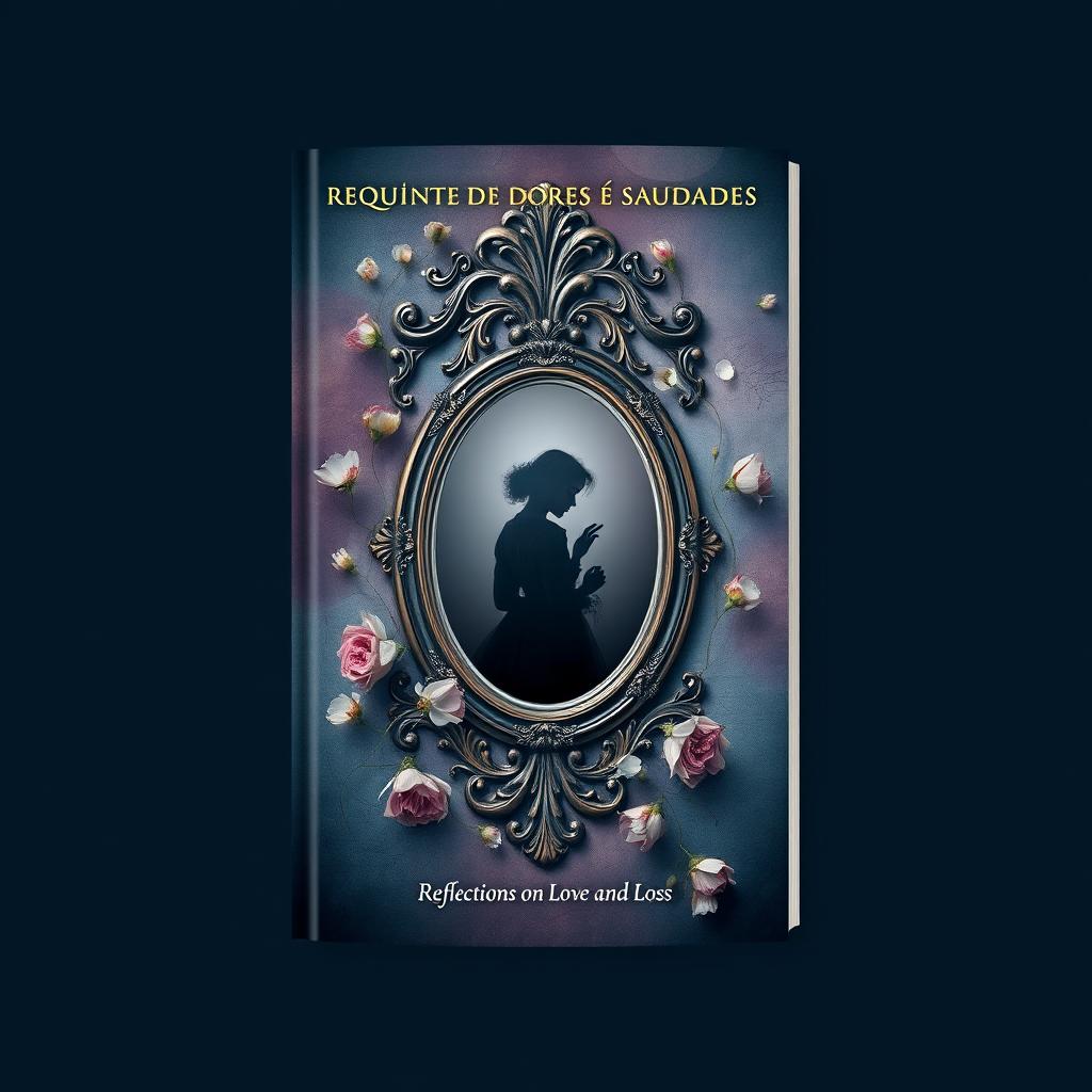 An artistic book cover design titled 'Requinte de Dores e Saudades', featuring a melancholic and elegant visual theme