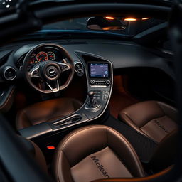 A detailed interior view of a McLaren F1, showcasing its luxurious leather seats, carbon fiber dashboard, and cutting-edge technology display