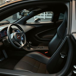A detailed interior view of a McLaren F1, showcasing its luxurious leather seats, carbon fiber dashboard, and cutting-edge technology display