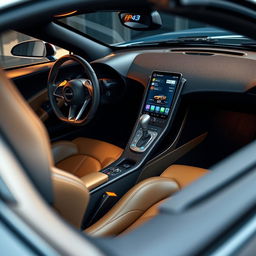 A detailed interior view of a McLaren F1, showcasing its luxurious leather seats, carbon fiber dashboard, and cutting-edge technology display