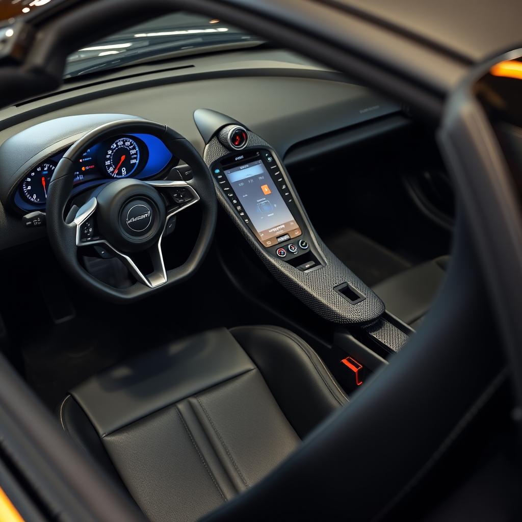 A detailed interior view of a McLaren F1, showcasing its luxurious leather seats, carbon fiber dashboard, and cutting-edge technology display