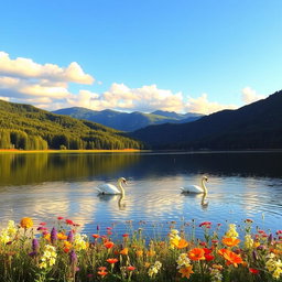 A serene landscape featuring a tranquil lake surrounded by lush green forests and rolling hills