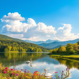 A serene landscape featuring a tranquil lake surrounded by lush green forests and rolling hills