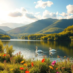 A serene landscape featuring a tranquil lake surrounded by lush green forests and rolling hills