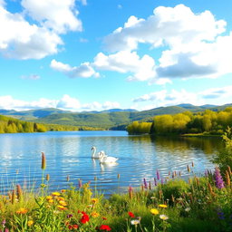 A serene landscape featuring a tranquil lake surrounded by lush green forests and rolling hills