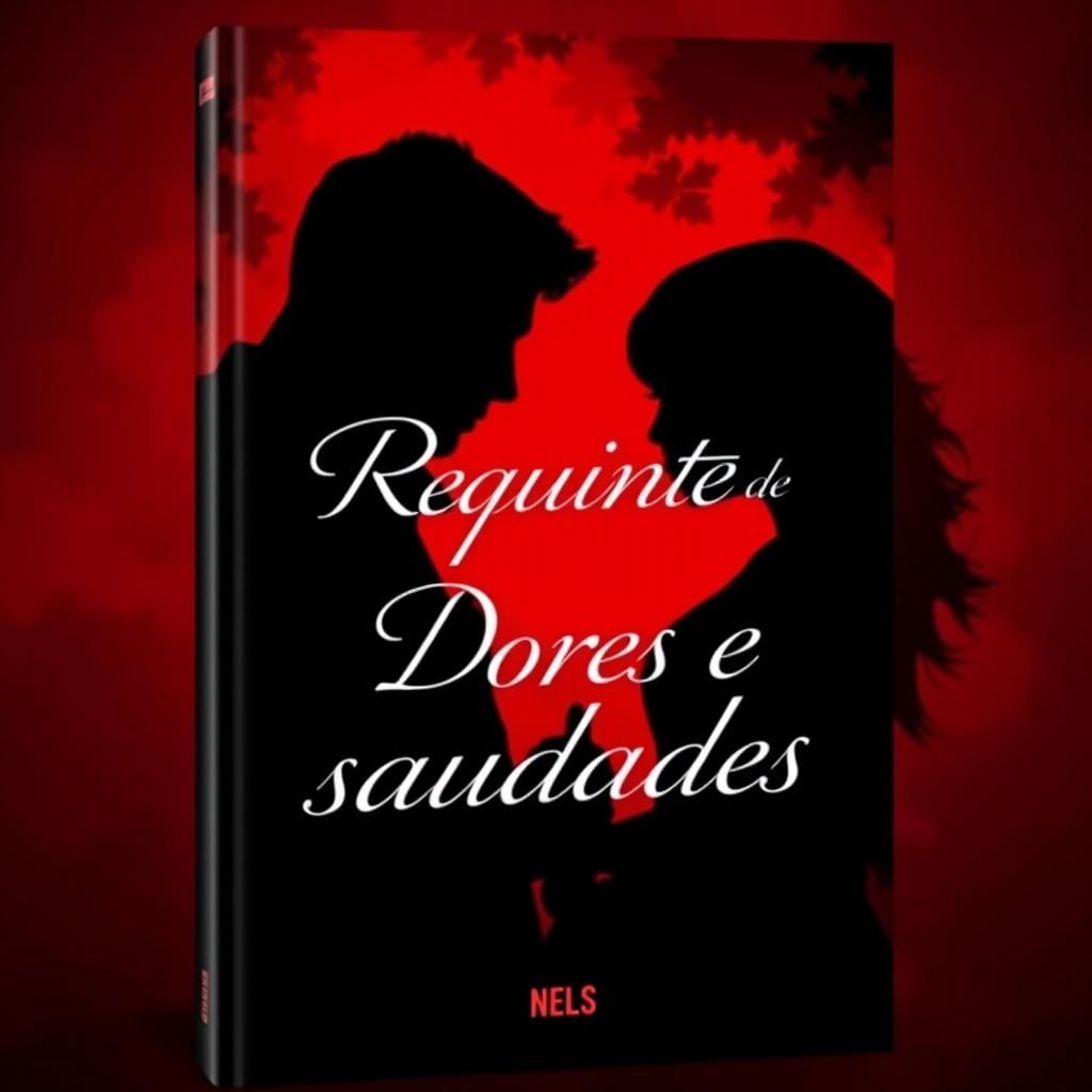 A striking book cover titled 'Requinte de Dores e Saudades', featuring a silhouette of a man and a woman
